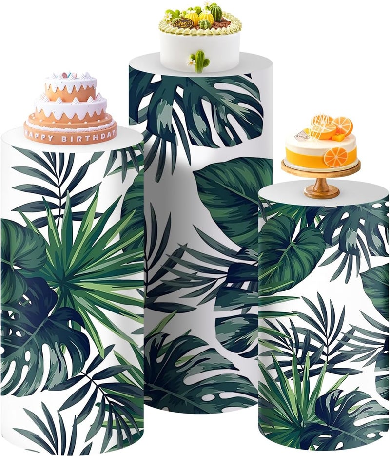 SaitiMade Set of 3 Green Leaves Cylinder Pedestal Stand Covers, 3pcs Spandex Green Leaves Cylinder Stand Covers for Party, Wedding or Birthday Event Decor (Only Contains Cylinder Covers) - Image 1